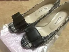 DIANA チェック柄　ツイード　リボンパンプス