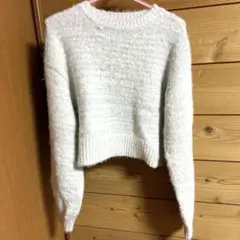 ホワイト ライトグレー ラメ ショート丈 ニットセーター Lサイズ