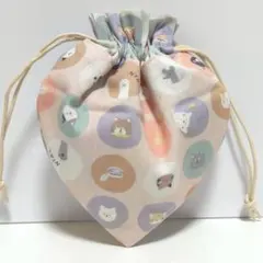 ピンクの水玉猫 ミニ いちご 巾着　ハンドメイド