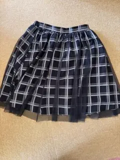 チェック柄 チュール重ね フレアスカート S ネイビー