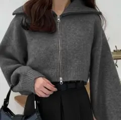 GRL ダブルジップウールミックスニットショート丈カーディガン