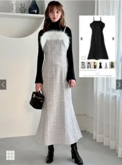 ファー付きグレー系チェックキャミワンピース