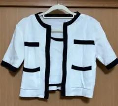 アンサンブル Fサイズ バイカラーニットカーディガン 半袖 白黒 ショート丈