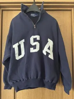 90s ポロラルフローレン USAロゴ ハーフジップ スウェット M 紺
