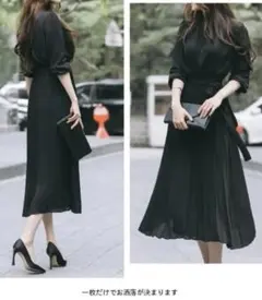 Ai Mi Li プリーツ ロング ワンピース 長袖 ブラック