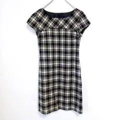 半袖ワンピース ひざ丈 チェック柄 モノトーン お出かけ デート　キレイめ