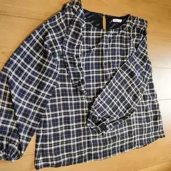 チェック柄フリル長袖ブラウス春秋