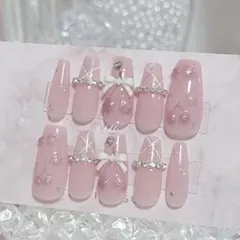 ネイルチップ オーダー ミラー マグネット ピンク ワンホン 韓国 ガーリー ネイルチップ 現品 マグネット ピンク ミラー リボン 韓国 ワンホン