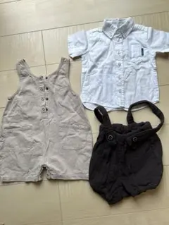 サスペンダー付きカボチャパンツ　白シャツ　ベージュロンパース　セット