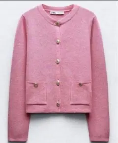 ZARA ツイード風　ニットカーディガン　ピンク　金ボタン　コットン　高見え