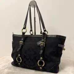美品 ☆COACH ハンドバッグ シグネチャー チャーム付 ターンロック 黒
