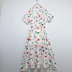 SHINシーイン 総柄フレアワンピース（L）半袖 ロング　Vネック