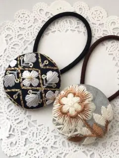 【No.70】インド刺繍 くるみボタン38㎜ ヘアゴム 2個セット