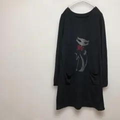 ブラック 猫モチーフ ロングニットセーター・チュニック ラインストーン