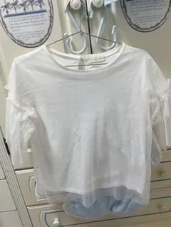 ドット柄 シアートップス フリル袖 ホワイト ガーリー フェミニン 半袖 古着