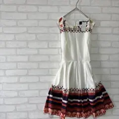 【eiopo】エスニックボーダー切替 フレアワンピース膝丈