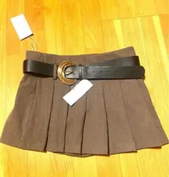 zara スコート　ブラウン プリーツショートパンツ Lサイズ ベルト付き