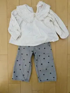 ZARA kids アイボリー刺繍襟シャツと花柄デニム　2y