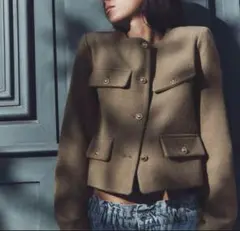 極美品✨ ZARA フラップクロップドジャケット ツイード 金ボタン カーキ