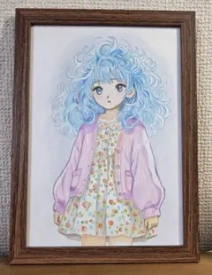 ふわふわ水色ヘアの女の子　オリジナル手描きイラスト