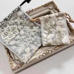 インド刺繍リボン　ハンドメイド 花柄刺繍 ミニ巾着袋 2点セット