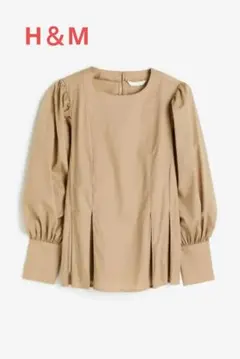 新品H＆Mプリーツディテールブラウスxsバルーン袖シャツsペプラム茶パフスリーブ