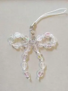 ハンドメイド作品☆フラットハートのリボンビーズストラップ*