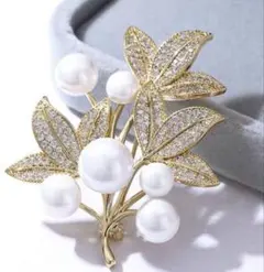 B.12.葉とパールのブローチ コサージュ 入学式など