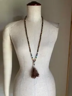 インド　タイガーアイ　マーラ　数珠　ネックレス　ブラウン