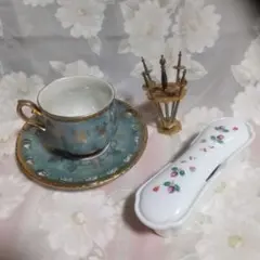昭和gloryCHINA青色花柄金箔カップ＆ソーサとスプーンケース、ピンのセット