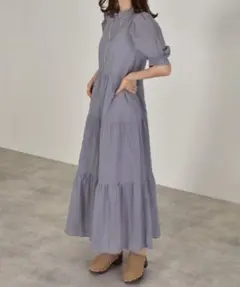 グレー ティアード ロングワンピース 半袖