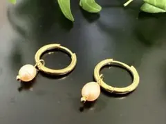 K18GPステンレス製フープピアス 淡水パール付き　新品未使用