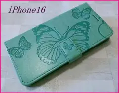 iPhone16 用 ケース 手帳型 蝶柄 バタフライ グリーン