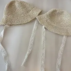 【2点セット】ほうし ハット 麦わら帽子 レース リボン ベージュ