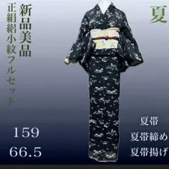 正絹絽小紋フルセット4点　新品着物+夏帯+夏帯締め+夏帯揚げ　ゆったり