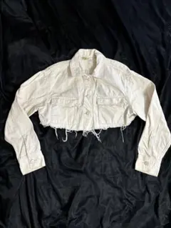 H&M アイボリー　長袖　デニムジャケット　クロップトップ　ショート丈　フリンジ