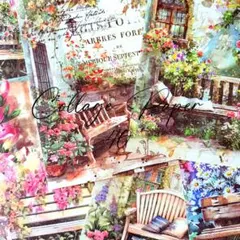 コラージュペーパー　木製のベンチ　40枚　花のある風景　ジャンクジャーナル素材