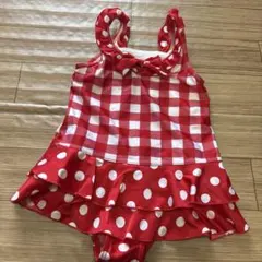 ワンピース水着　120㎝　赤と白のチェック柄フリル水着