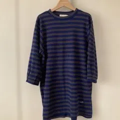 CROCODILE ネイビー・ブラウンストライプ 8分袖チュニック、サイズL。