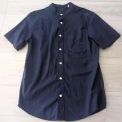メンズ ネイビー バンドカラー 半袖シャツ　M