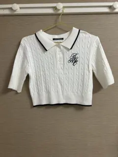 SPR premium ホワイト ケーブルニット ポロシャツ 五分袖