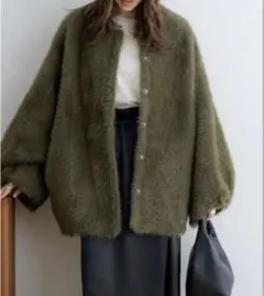 NOAHL ノアル　美品　オリーブ　シャギー　コートノーカラージャケット