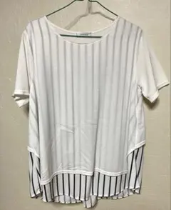 重ね着風ストライプトップス　重ね着風レディースカットソー