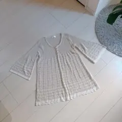 透かし編みニットトップス 七分袖 ベージュ系 レース編み