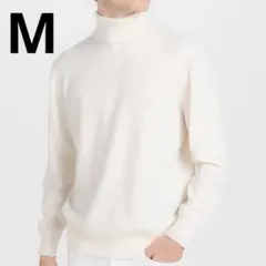 ウール100% メンズ ホワイト タートルネック ニット M 薄手
