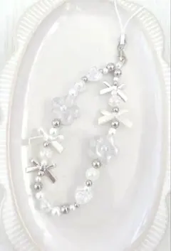 【再販③】白のお花〰︎︎ビーズストラップ⋆˙⟡約16cm C50