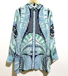 美品]レオナールシースルーシャツブラウスチュニック花柄ブルーL