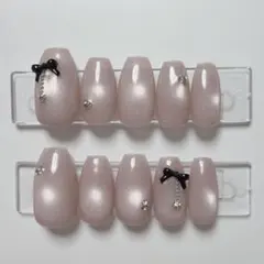 【現品】ネイルチップ 韓国風 マグネット シンプル リボン ガーリー 大人