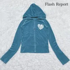 Flash Report ベロア ジップアップ パーカー フード付 青 ロゴ刺繍