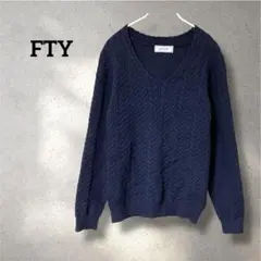 FTY【36】ケーブルニット Vネック セーター ネイビー 編み地切り替え